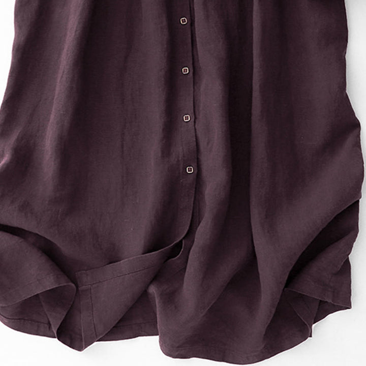 Buddha Stones秋 ダークマゼンタ Vネック ボタンデザイン コットン 長袖 ミディドレス - image 9