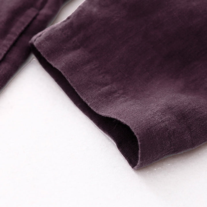 Buddha Stones秋 ダークマゼンタ Vネック ボタンデザイン コットン 長袖 ミディドレス - image 10