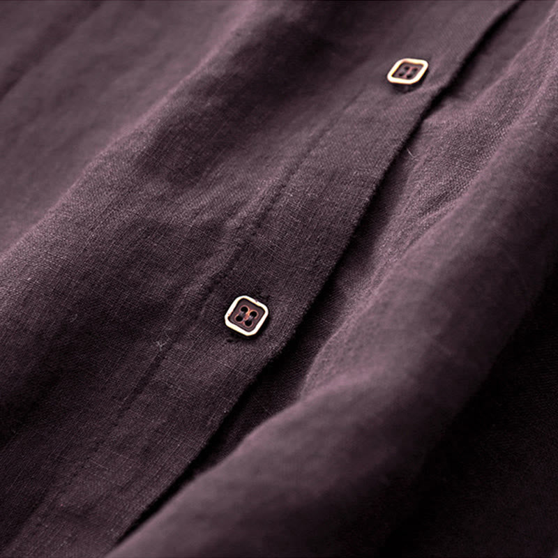 Buddha Stones秋 ダークマゼンタ Vネック ボタンデザイン コットン 長袖 ミディドレス - image 5