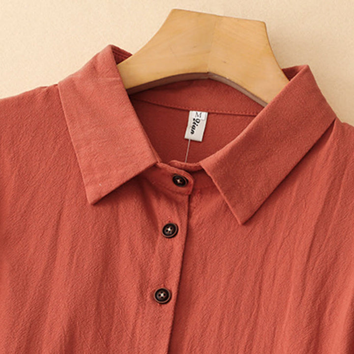 Buddha Stones秋冬 ラペルボタン レースアップデザイン コットン 長袖 ミディドレス ポケット付き - image 2