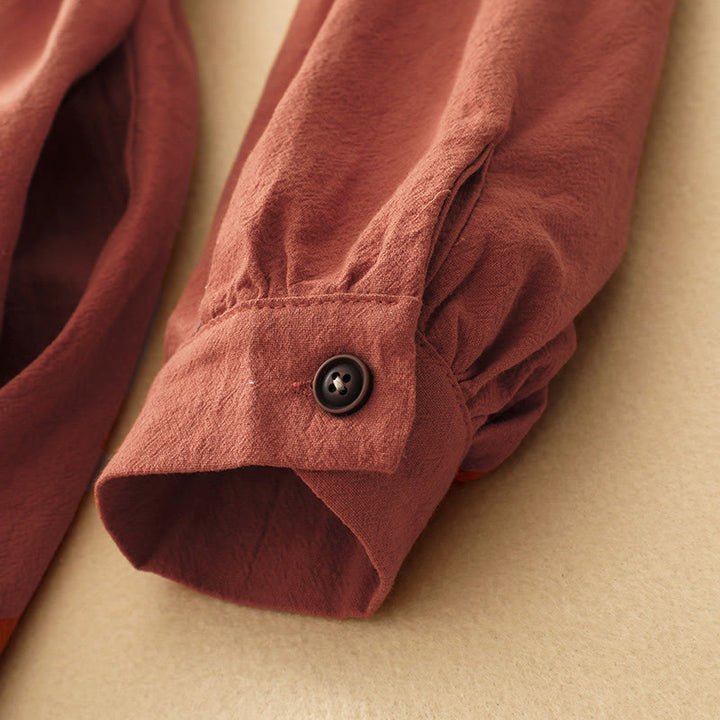 Buddha Stones秋冬 ラペルボタン レースアップデザイン コットン 長袖 ミディドレス ポケット付き - image 6