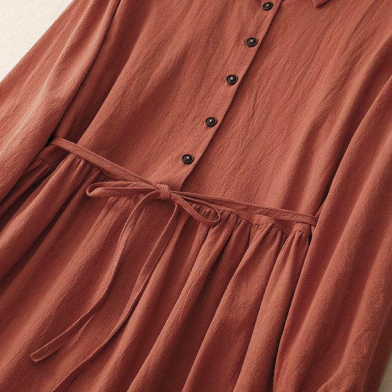 Buddha Stones秋冬 ラペルボタン レースアップデザイン コットン 長袖 ミディドレス ポケット付き - image 3