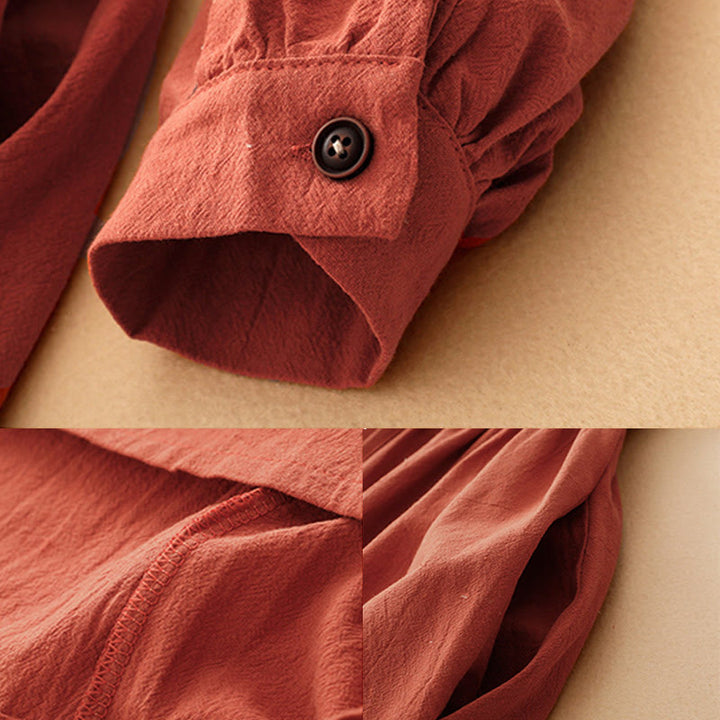 Buddha Stones秋冬 ラペルボタン レースアップデザイン コットン 長袖 ミディドレス ポケット付き - image 8