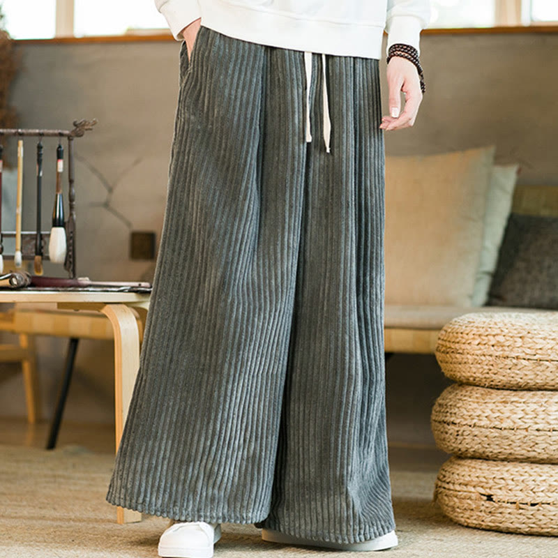 Buddha Stones通勤用プレーンドローストリングメンズワイドレッグコットンコーデュロイパンツ(ポケット付き) - image 22