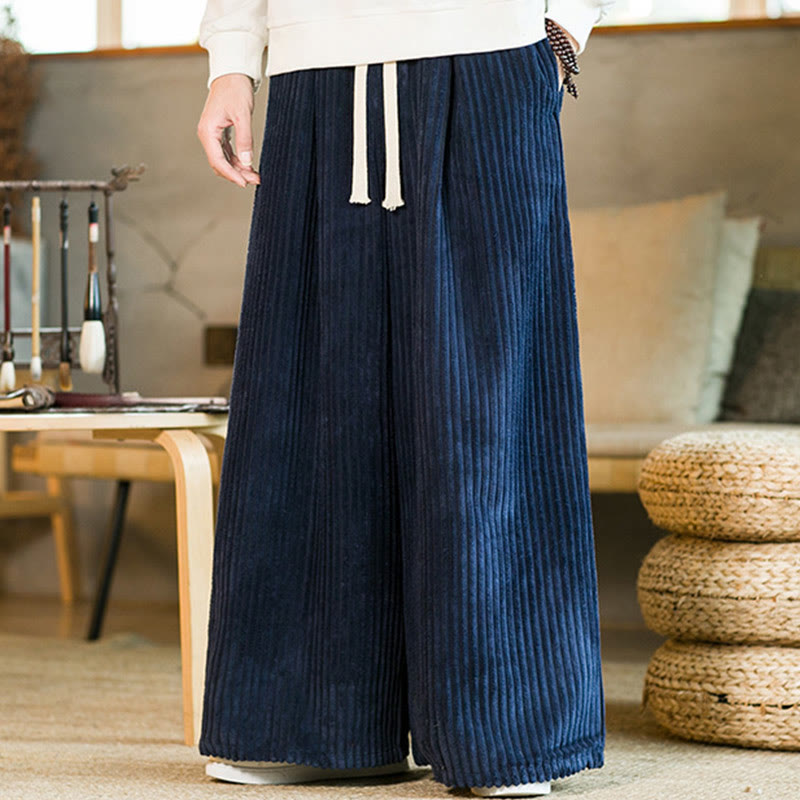 Buddha Stones通勤用プレーンドローストリングメンズワイドレッグコットンコーデュロイパンツ(ポケット付き) - image 17