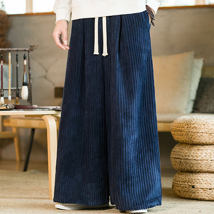 Buddha Stones通勤用プレーンドローストリングメンズワイドレッグコットンコーデュロイパンツ(ポケット付き) - image 17