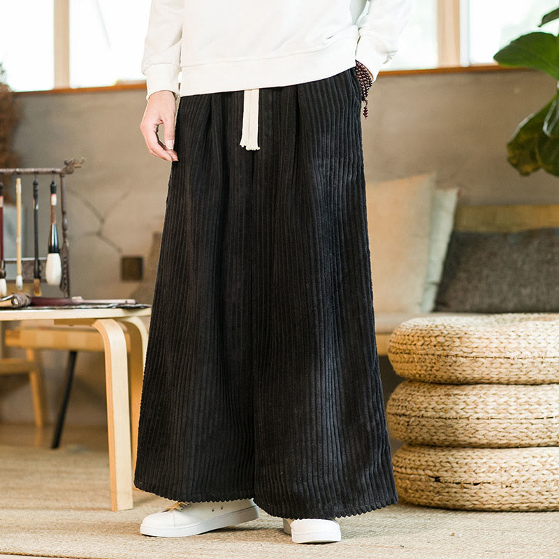Buddha Stones通勤用プレーンドローストリングメンズワイドレッグコットンコーデュロイパンツ(ポケット付き) - image 5