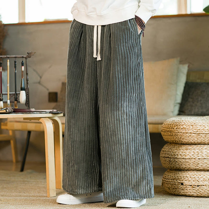 Buddha Stones通勤用プレーンドローストリングメンズワイドレッグコットンコーデュロイパンツ(ポケット付き) - image 19