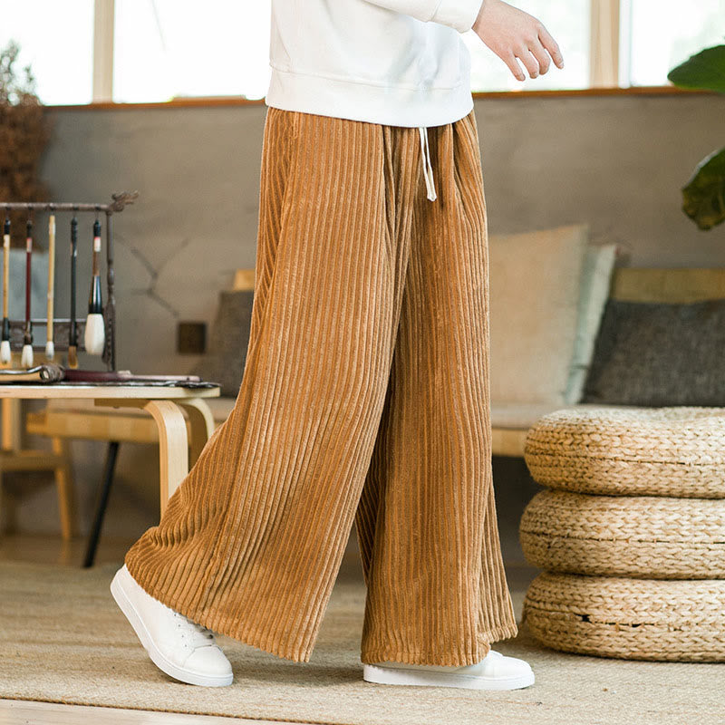 Buddha Stones通勤用プレーンドローストリングメンズワイドレッグコットンコーデュロイパンツ(ポケット付き) - image 11