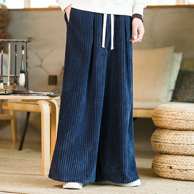 Buddha Stones通勤用プレーンドローストリングメンズワイドレッグコットンコーデュロイパンツ(ポケット付き) - image 16