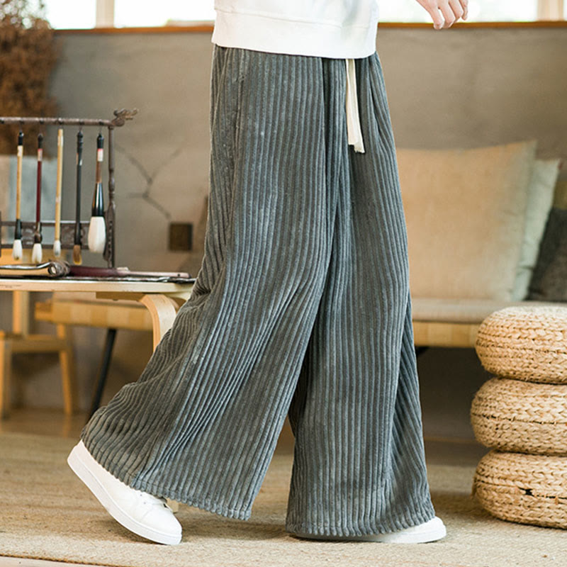 Buddha Stones通勤用プレーンドローストリングメンズワイドレッグコットンコーデュロイパンツ(ポケット付き) - image 21