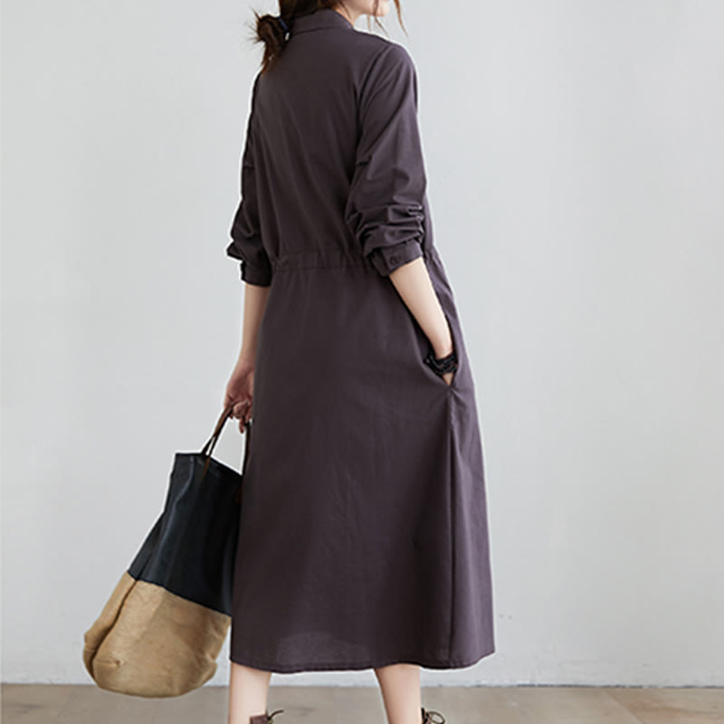 Buddha Stones秋冬 無地 レースアップデザイン ラペル 長袖 コットン ミディドレス ポケット付き - image 13