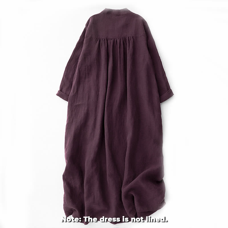 Buddha Stones秋 ダークマゼンタ Vネック ボタンデザイン コットン 長袖 ミディドレス - image 1