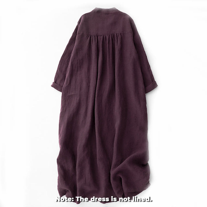 Buddha Stones秋 ダークマゼンタ Vネック ボタンデザイン コットン 長袖 ミディドレス - image 1