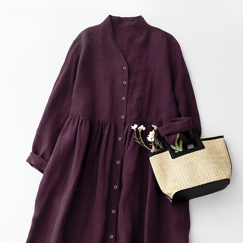 Buddha Stones秋 ダークマゼンタ Vネック ボタンデザイン コットン 長袖 ミディドレス - image 2