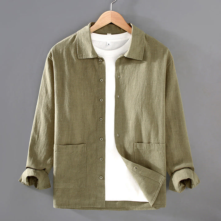 Buddha Stones無地 長袖 ボタンシャツ メンズ ラミー コットン ポケット付き - 黄緑 - US/UK/AU42、 EU52 (3XL) - image 7