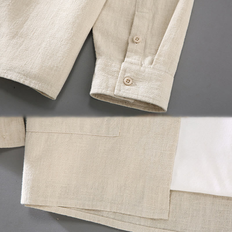 Buddha Stones無地 長袖 ボタンシャツ メンズ ラミー コットン ポケット付き - image 5