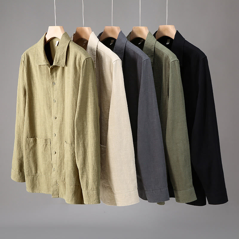 Buddha Stones無地 長袖 ボタンシャツ メンズ ラミー コットン ポケット付き - image 11