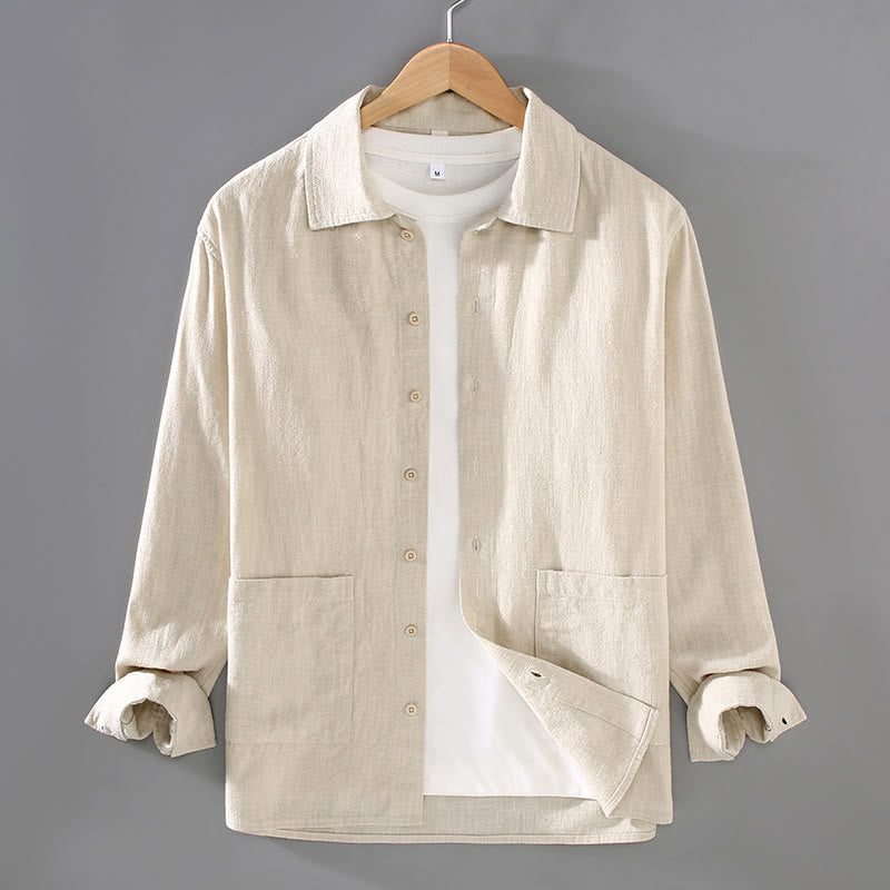 Buddha Stones無地 長袖 ボタンシャツ メンズ ラミー コットン ポケット付き - リネン - US/UK/AU42、 EU52 (3XL) - image 0