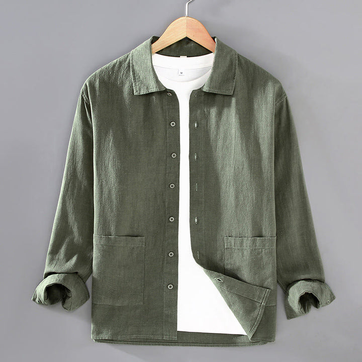 Buddha Stones無地 長袖 ボタンシャツ メンズ ラミー コットン ポケット付き - ダークオリーブグリーン - US/UK/AU42、 EU52 (3XL) - image 10