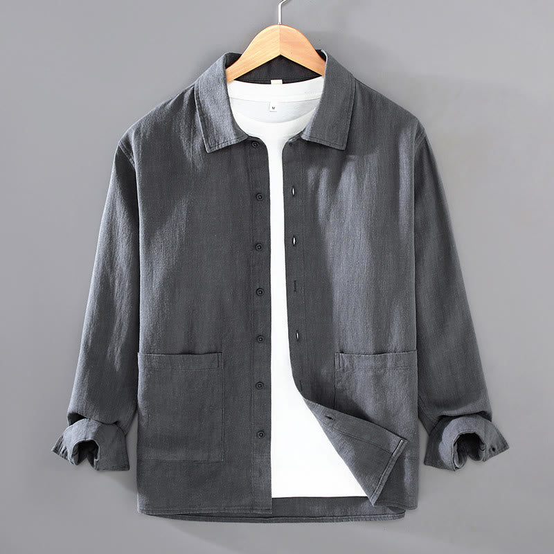 Buddha Stones無地 長袖 ボタンシャツ メンズ ラミー コットン ポケット付き - スレートグレー - US/UK/AU42、 EU52 (3XL) - image 8