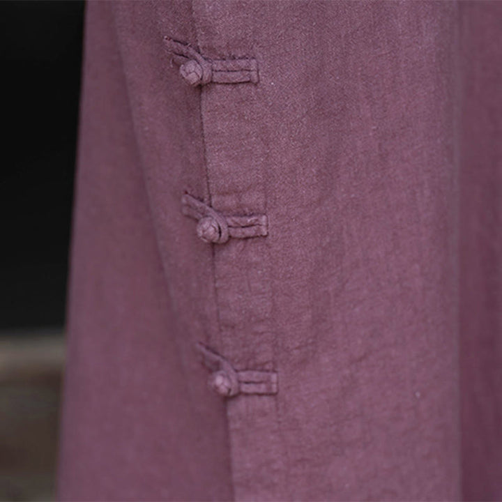 Buddha Stonesの秋の無地中国風フロッグボタンデザインコットンリネン長袖ミディドレス(ポケット付き) - image 15