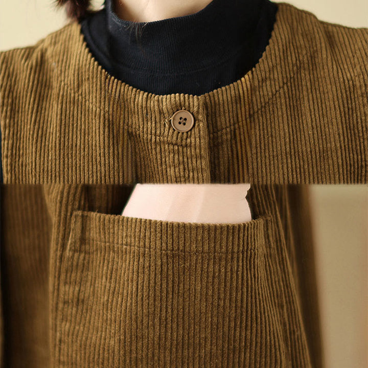 Buddha Stonesの秋のレトロなボタンデザインコットンコーデュロイノースリーブミディドレス(ポケット付き) - image 18