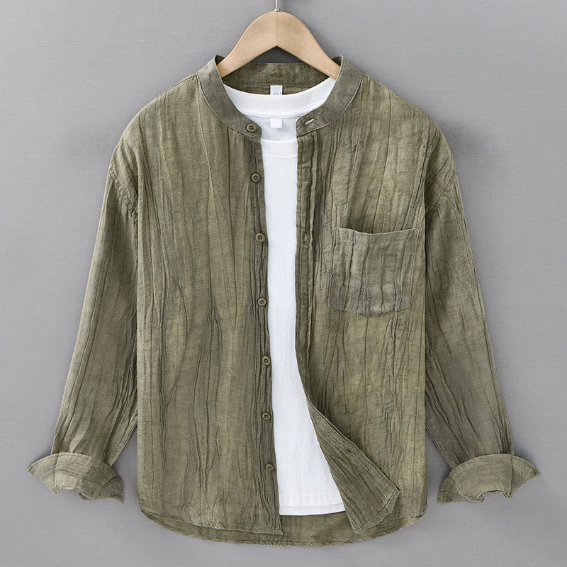 Buddha Stones無地 長袖 シワ デザイン ボタンダウン ラミー リネン メンズ シャツ - 黄緑 - US/UK/AU42、 EU52 (3XL) - image 5