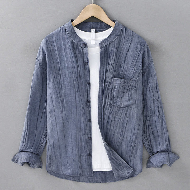 Buddha Stones無地 長袖 シワ デザイン ボタンダウン ラミー リネン メンズ シャツ - ライトスチールブルー - US/UK/AU42、 EU52 (3XL) - image 13