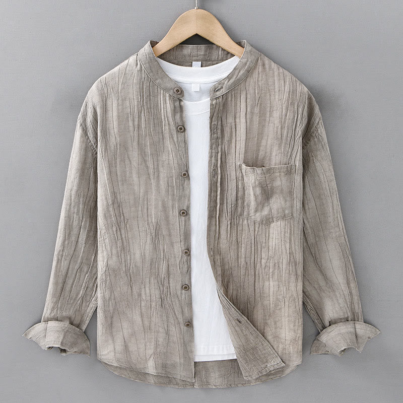 Buddha Stones無地 長袖 シワ デザイン ボタンダウン ラミー リネン メンズ シャツ - リネン - US/UK/AU42、 EU52 (3XL) - image 9