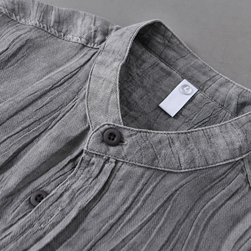 Buddha Stones無地 長袖 シワ デザイン ボタンダウン ラミー リネン メンズ シャツ - image 2