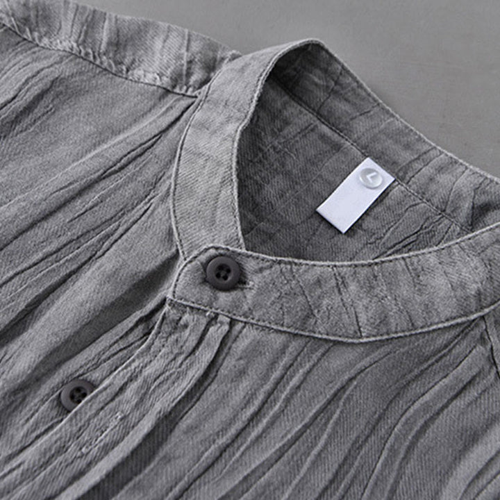 Buddha Stones無地 長袖 シワ デザイン ボタンダウン ラミー リネン メンズ シャツ - image 2