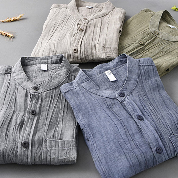 Buddha Stones無地 長袖 シワ デザイン ボタンダウン ラミー リネン メンズ シャツ - image 1