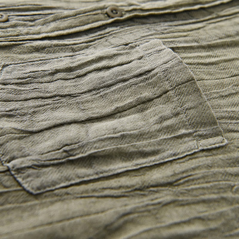 Buddha Stones無地 長袖 シワ デザイン ボタンダウン ラミー リネン メンズ シャツ - image 7