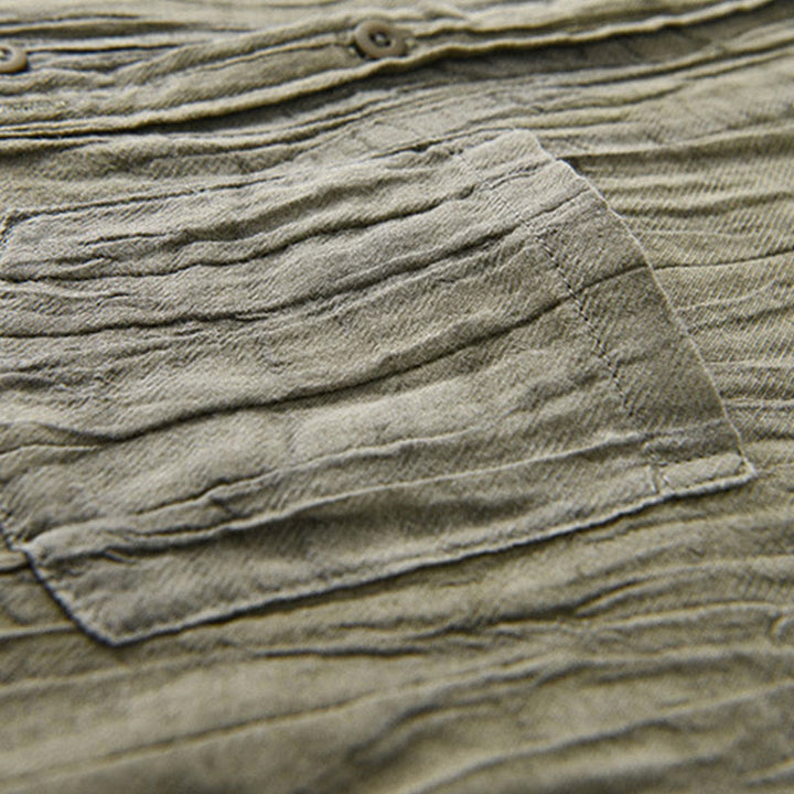 Buddha Stones無地 長袖 シワ デザイン ボタンダウン ラミー リネン メンズ シャツ - image 7