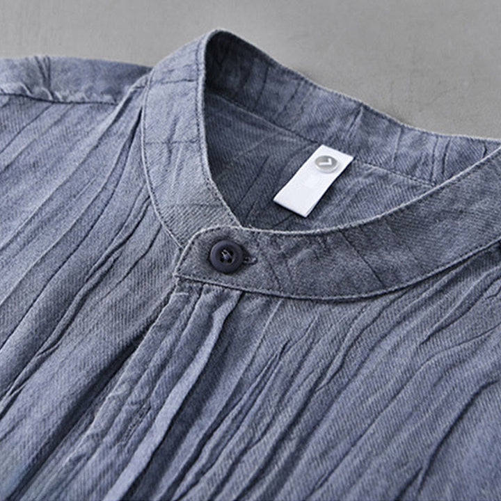 Buddha Stones無地 長袖 シワ デザイン ボタンダウン ラミー リネン メンズ シャツ - image 15