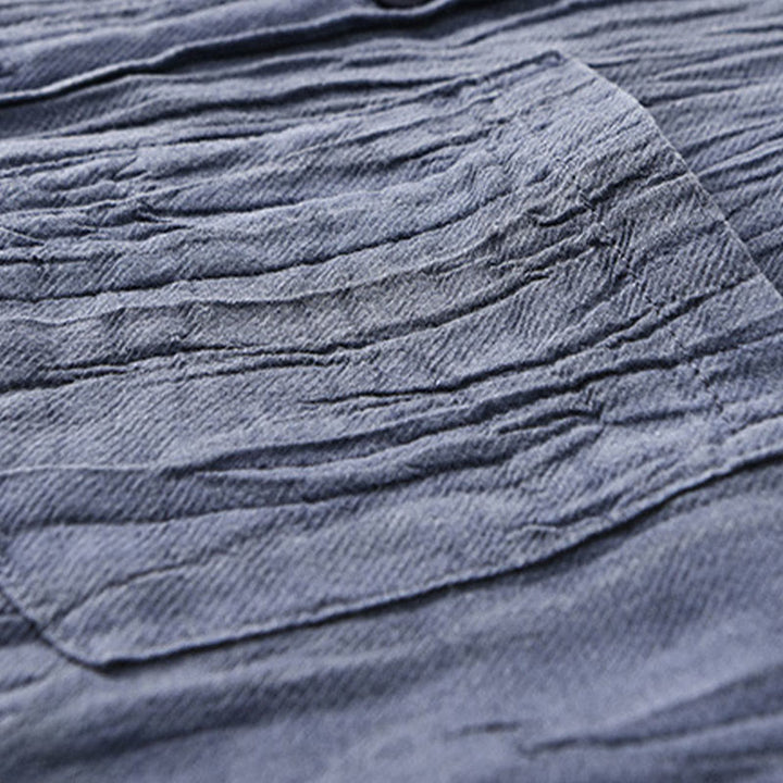 Buddha Stones無地 長袖 シワ デザイン ボタンダウン ラミー リネン メンズ シャツ - image 16