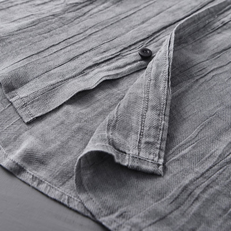 Buddha Stones無地 長袖 シワ デザイン ボタンダウン ラミー リネン メンズ シャツ - image 4