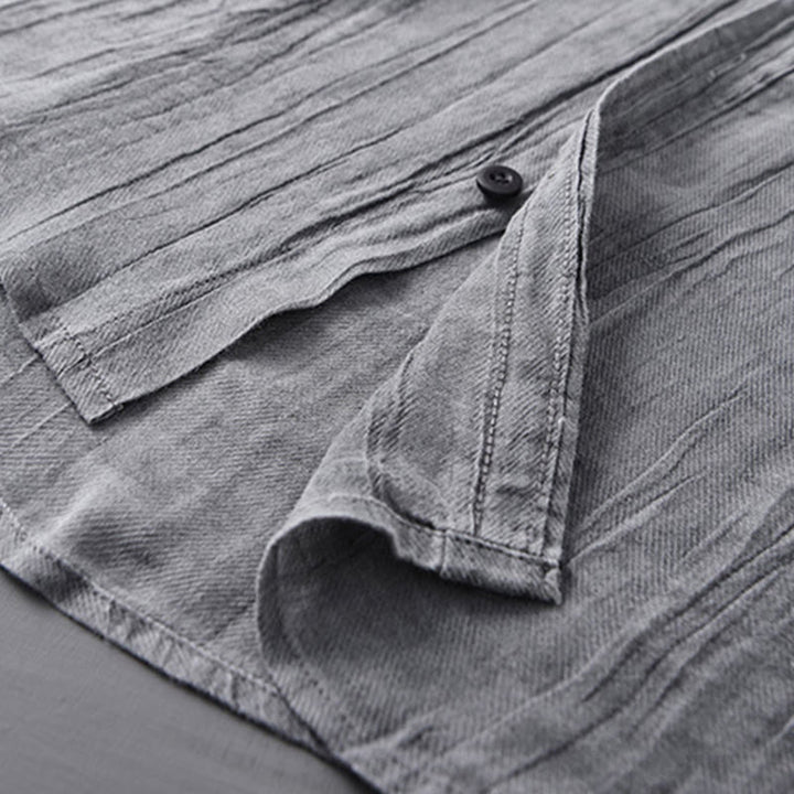 Buddha Stones無地 長袖 シワ デザイン ボタンダウン ラミー リネン メンズ シャツ - image 4