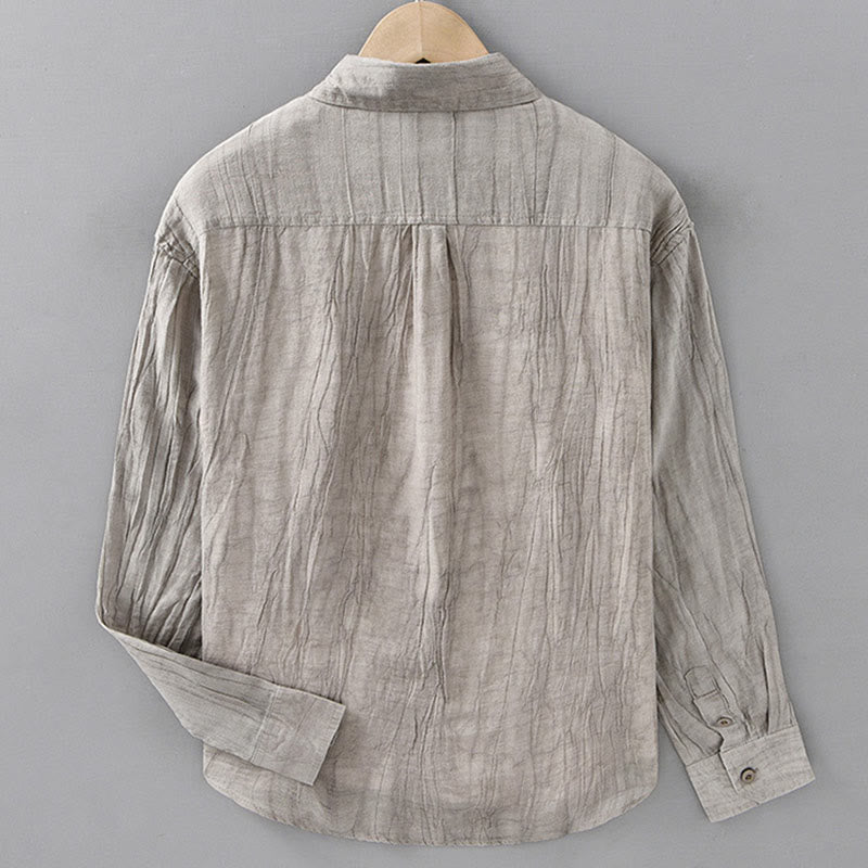 Buddha Stones無地 長袖 スタンドカラー シワ加工 ボタンダウン ラミーリネン メンズシャツ - image 13