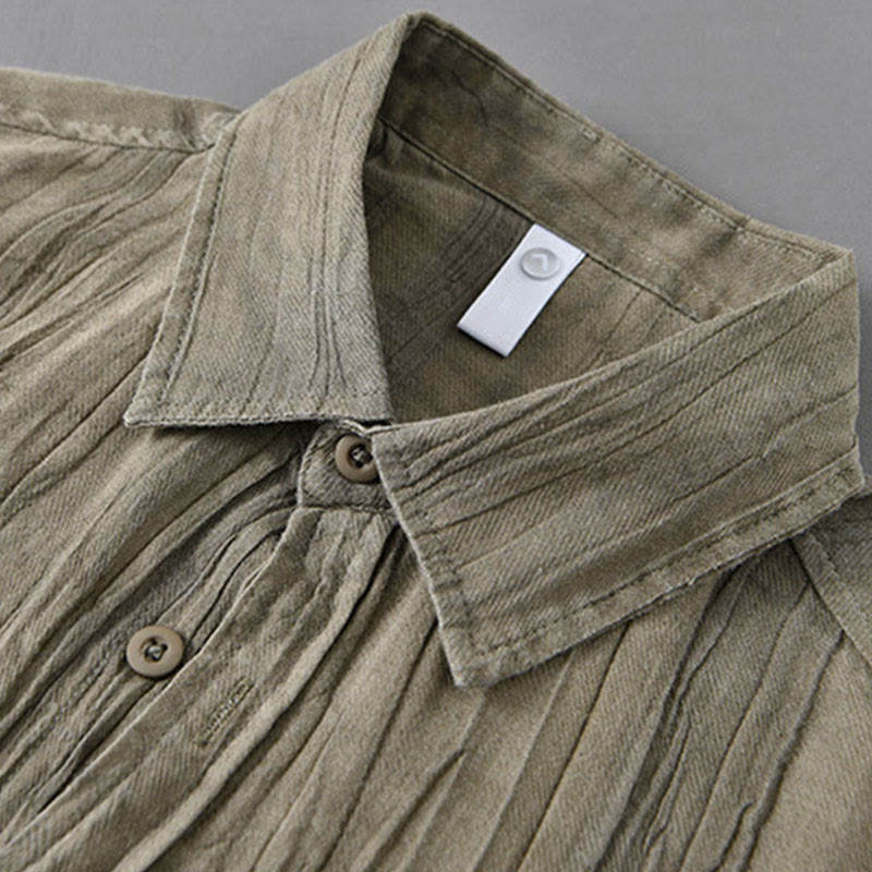 Buddha Stones無地 長袖 スタンドカラー シワ加工 ボタンダウン ラミーリネン メンズシャツ - image 9