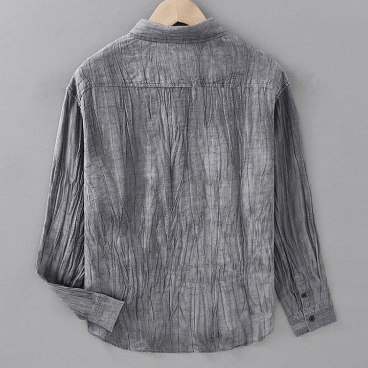 Buddha Stones無地 長袖 スタンドカラー シワ加工 ハーフボタン ラミー リネン メンズ シャツ - image 5