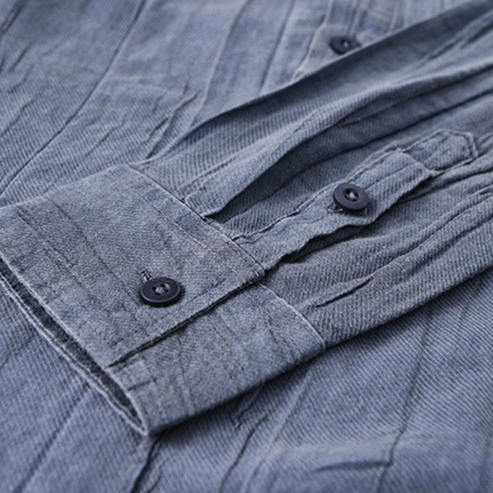 Buddha Stones無地 長袖 スタンドカラー シワ加工 ハーフボタン ラミー リネン メンズ シャツ - image 14