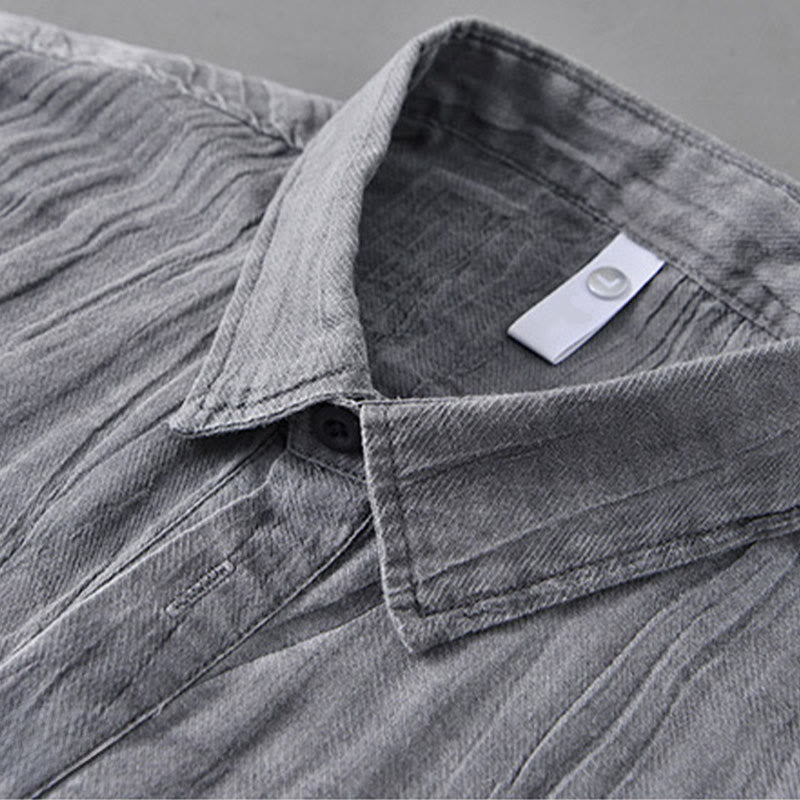 Buddha Stones無地 長袖 スタンドカラー シワ加工 ハーフボタン ラミー リネン メンズ シャツ - image 6