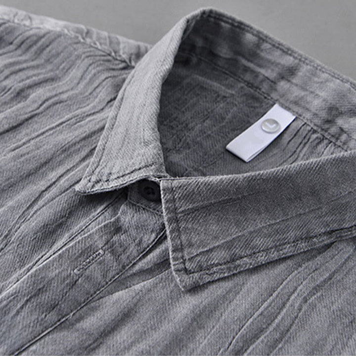 Buddha Stones無地 長袖 スタンドカラー シワ加工 ハーフボタン ラミー リネン メンズ シャツ - image 6