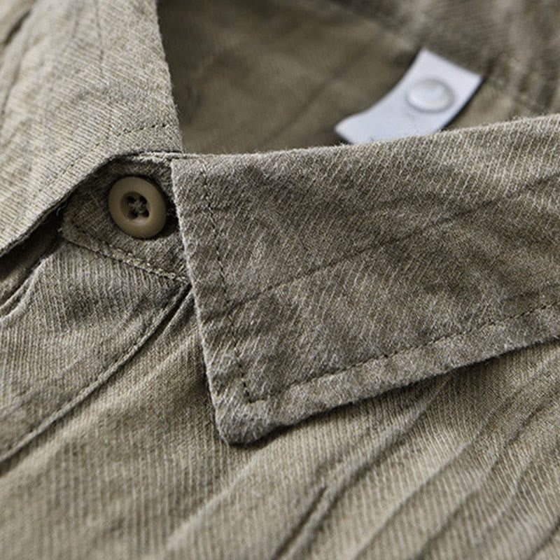 Buddha Stones無地 長袖 スタンドカラー シワ加工 ハーフボタン ラミー リネン メンズ シャツ - image 16