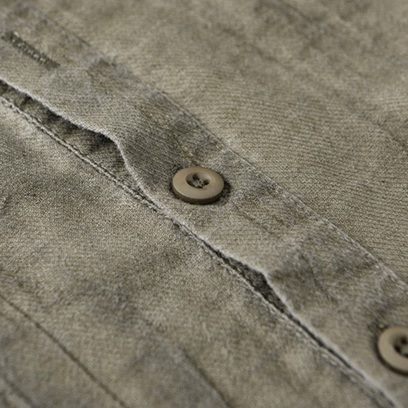 Buddha Stones無地 長袖 スタンドカラー シワ加工 ハーフボタン ラミー リネン メンズ シャツ - image 17