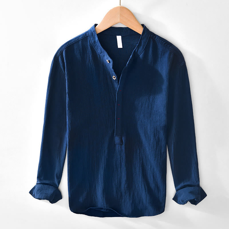 Buddha Stones春秋 無地 長袖 ハーフボタン コットン メンズシャツ - 海軍 - US/UK/AU44、 EU54 (4XL) - image 3