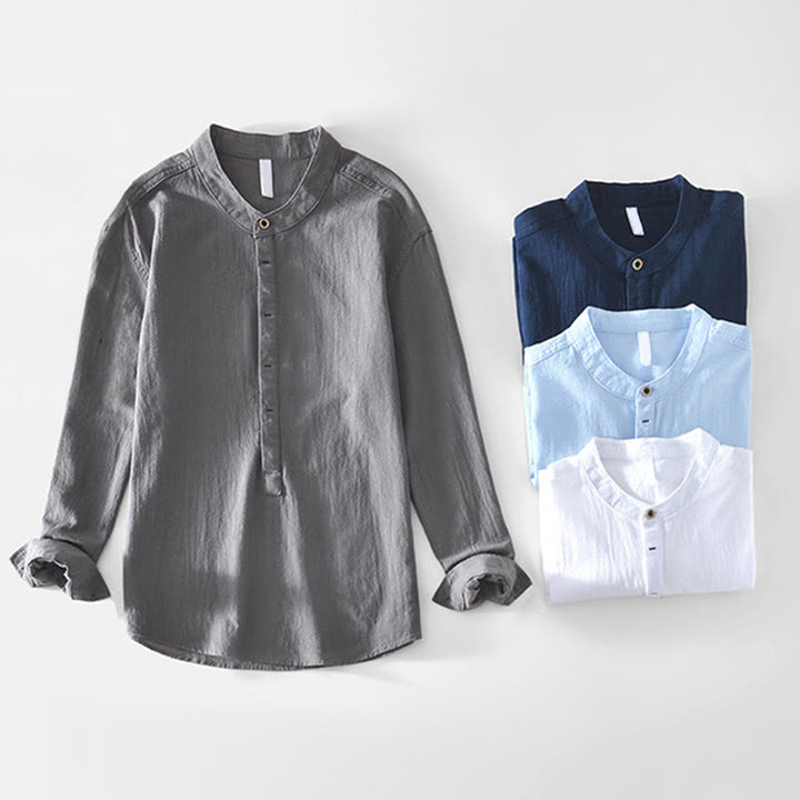 Buddha Stones春秋 無地 長袖 ハーフボタン コットン メンズシャツ - image 4