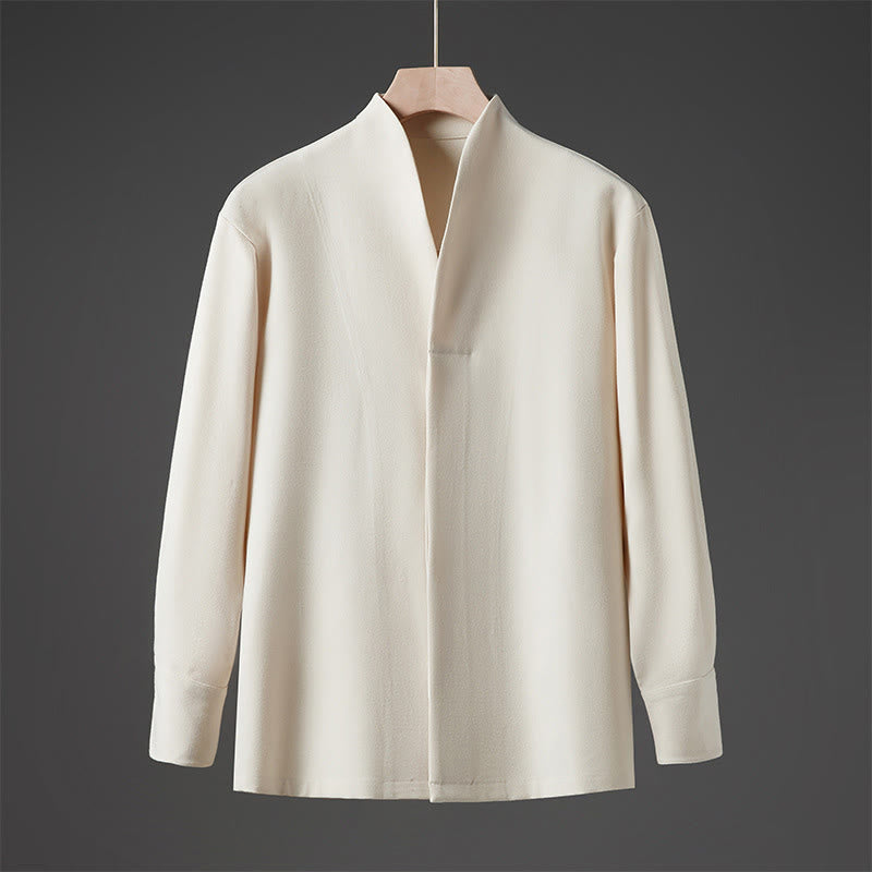 Buddha Stones無地 秋 長袖 隠しハーフボタンデザイン メンズシャツ - ベージュ - US/UK/AU46、 EU56 (5XL) - image 0